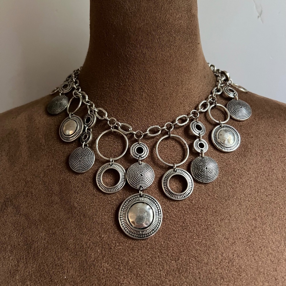 Dana Buchman Silver Tone Textured Geometric Coin Charm Statement Necklace 18"